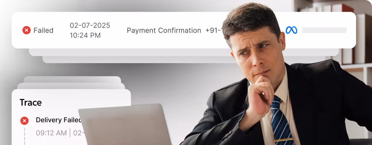 Man in business suit looking concerned while viewing a laptop with failed payment confirmation and delivery failed messages on screen.