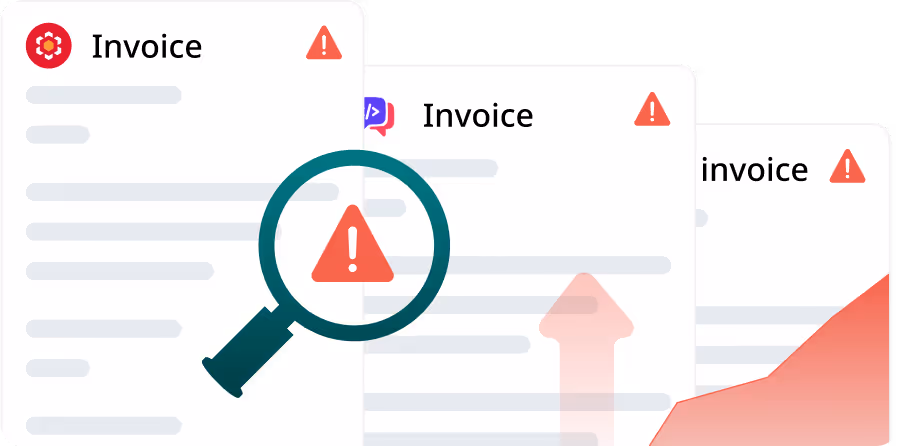 Illustration of three invoices with warning icons and a magnifying glass highlighting an exclamation mark on the front invoice.