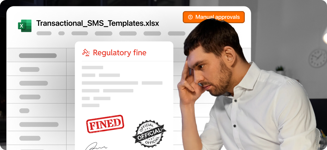 Man in white shirt looking stressed while reviewing a spreadsheet named 'Transactional_SMS_Templates.xlsx' with a document labeled 'Regulatory fine' stamped 'FINED' and 'Official'.