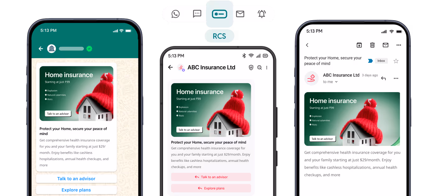 Three smartphones showing an insurance ad with a small house wearing a red knit cap and text about home insurance starting at 99 rupees.