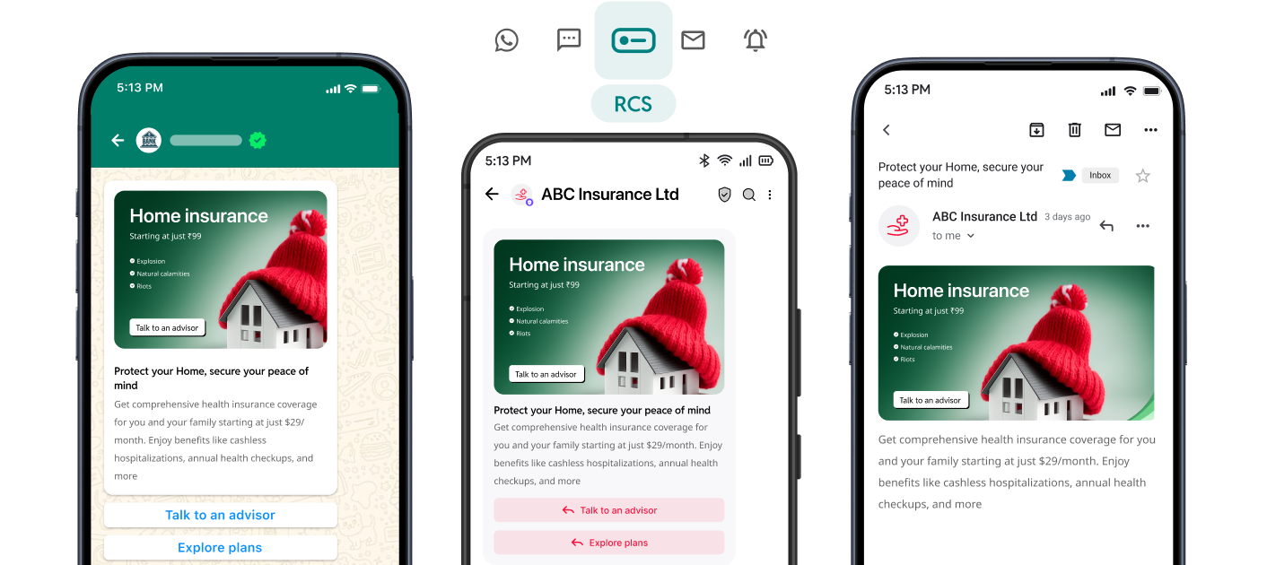 Three smartphones showing an insurance ad with a small house wearing a red knit cap and text about home insurance starting at 99 rupees.