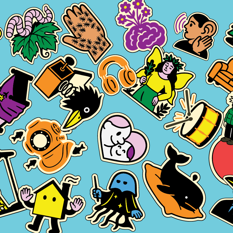 Ribambelle de stickers sur fond bleu