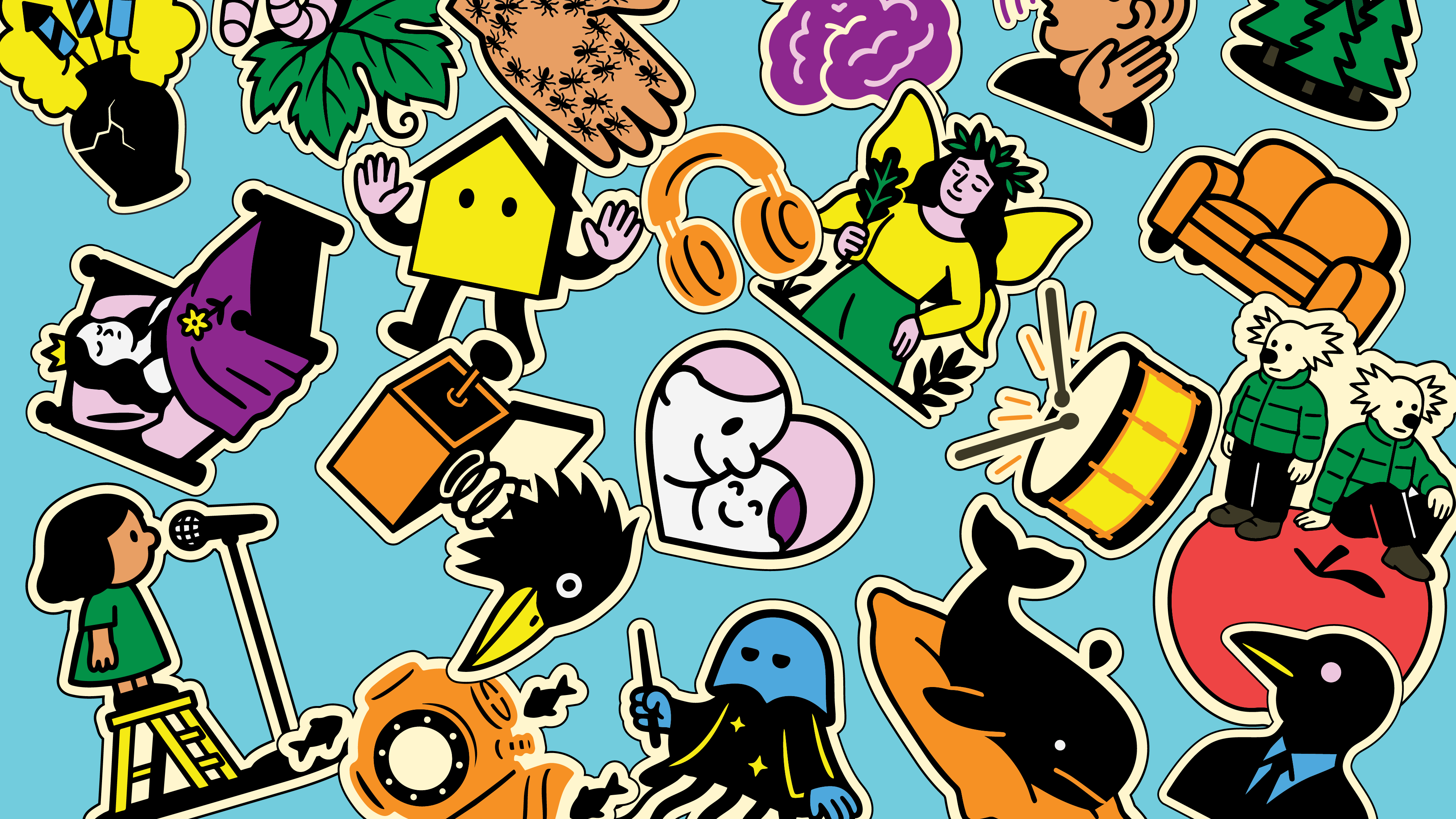 Ensemble de stickers sur fond de couleur disposé aléatoirement