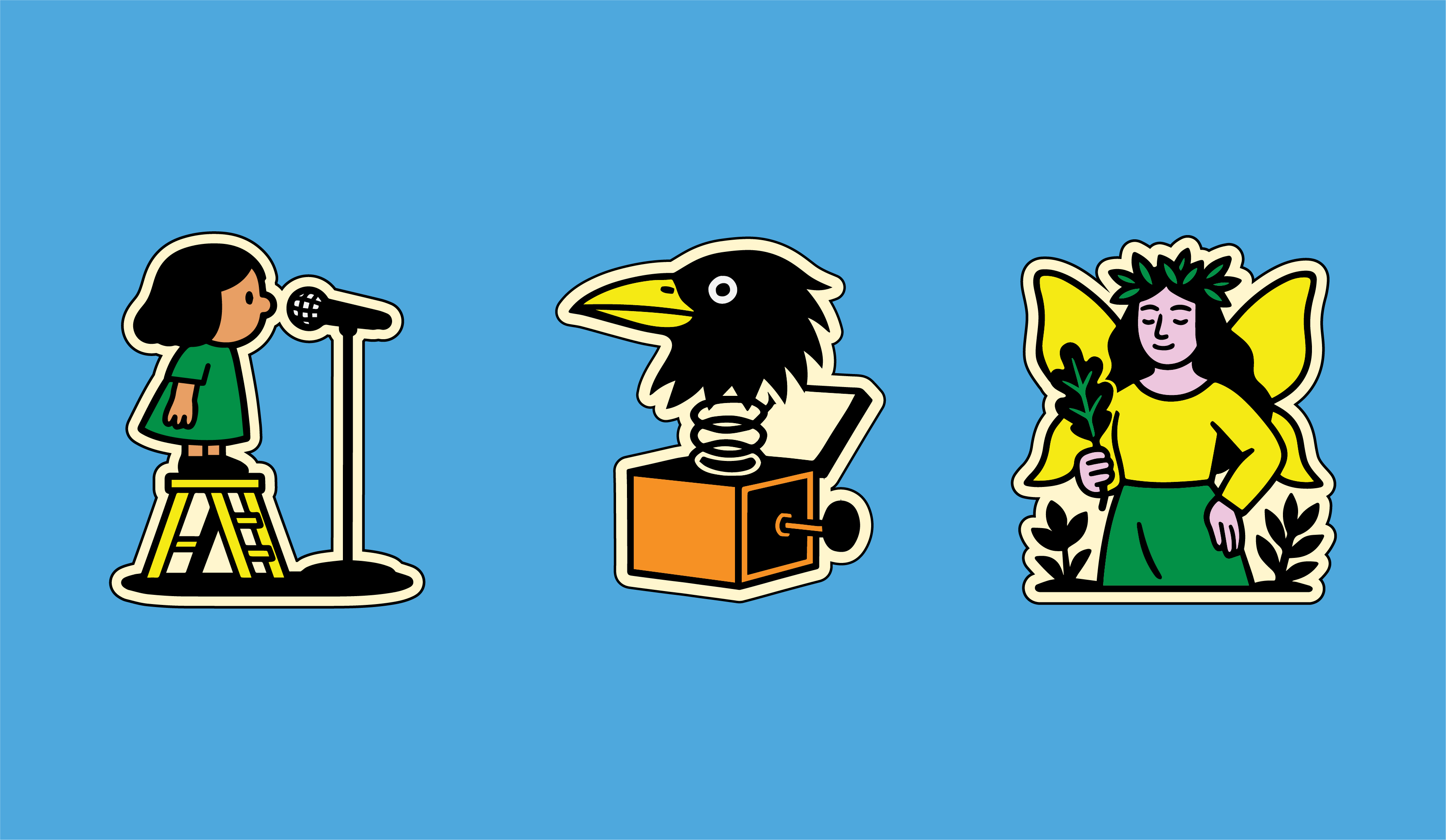 3 stickers sur fond de couleur une petite fille, un corbeau qui sort d'une boite de musique et une fée