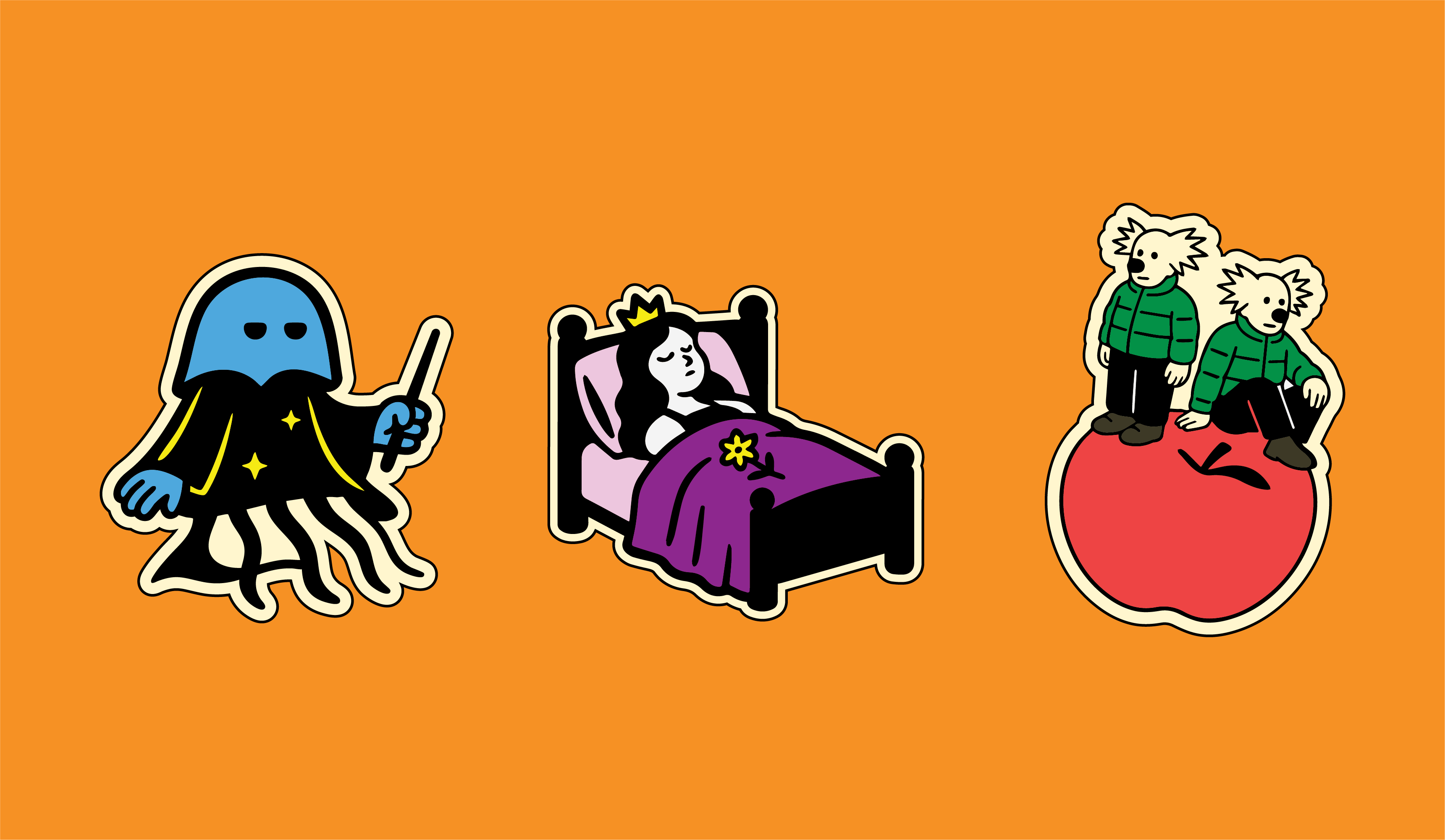 3 stickers sur fond de couleur une méduse magicienne, une fille couchée dans un lit (belle au bois dormant) et deux clowns sur une pomme