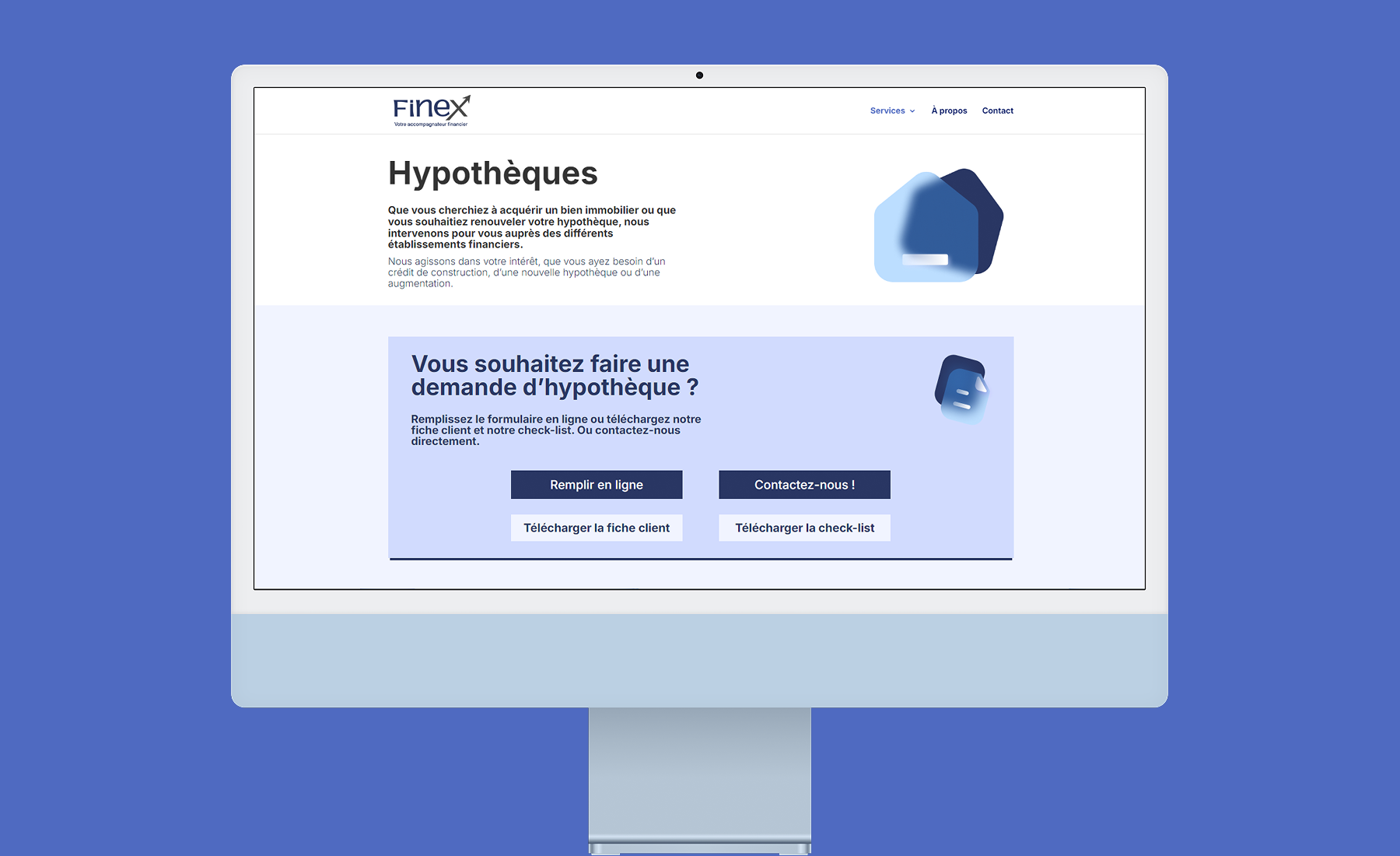 Écran d'ordinateur sur fond de couleur avec l'interface du site Finex afficher sur l'écran