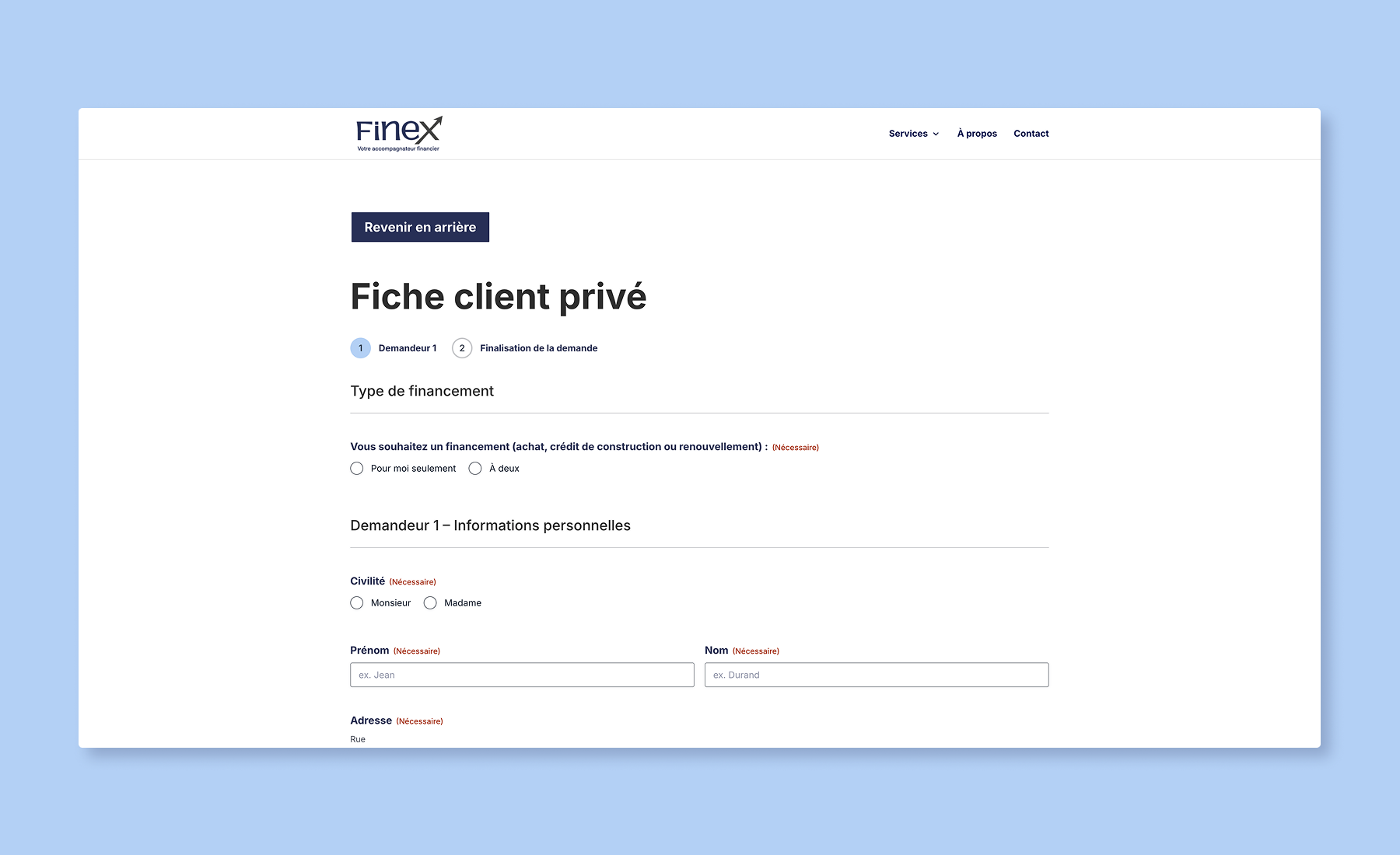 Capture d'écran du formulaire "Fiche client privé" de Finex