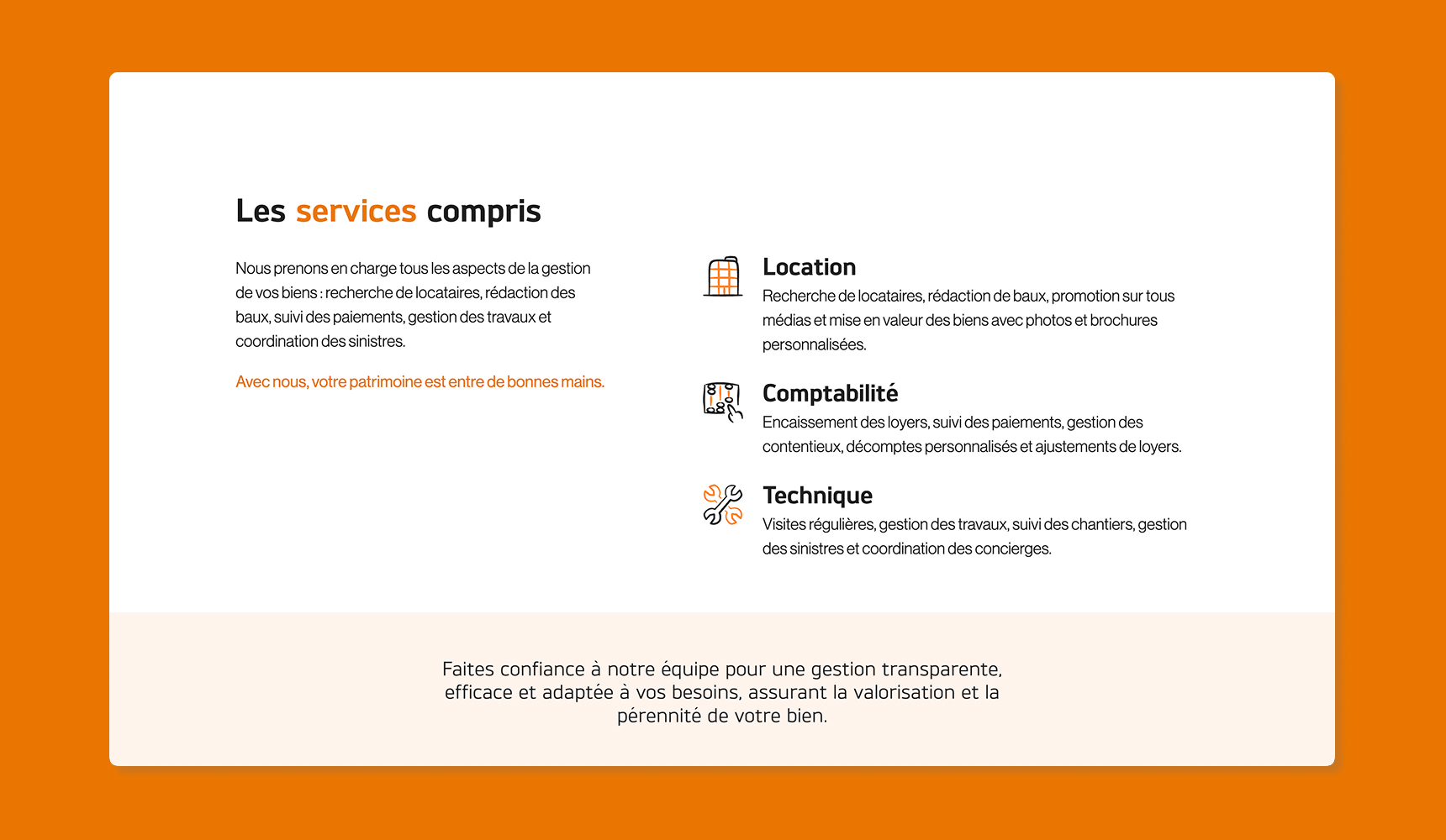 Capture d'écran de la section "services compris" de la prestation gérance