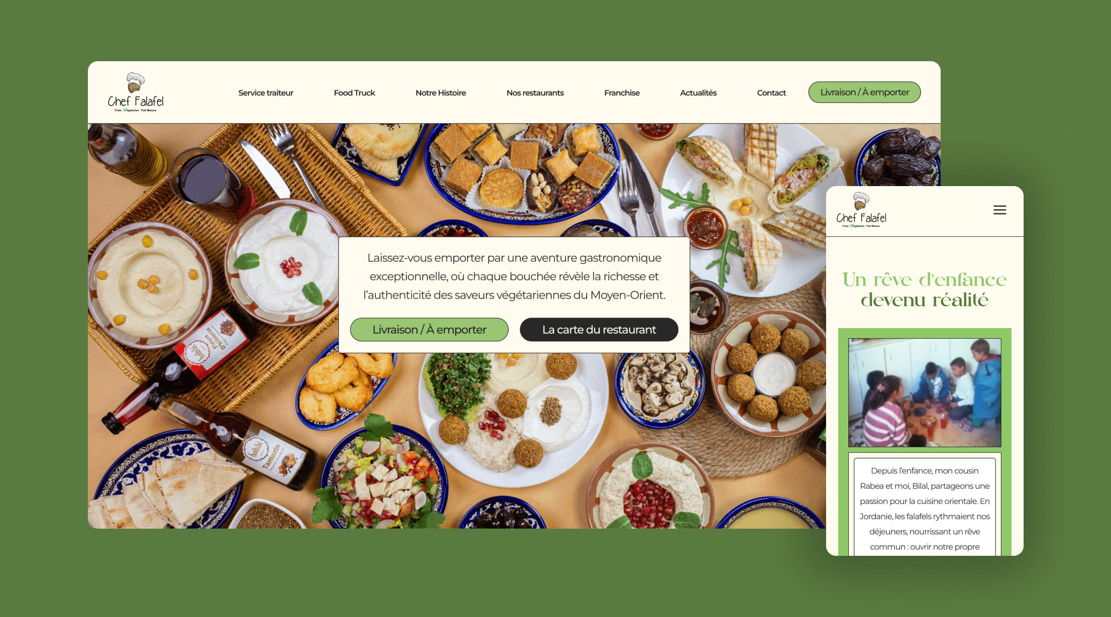 captures d'écran desktop et mobile du site chef falafel