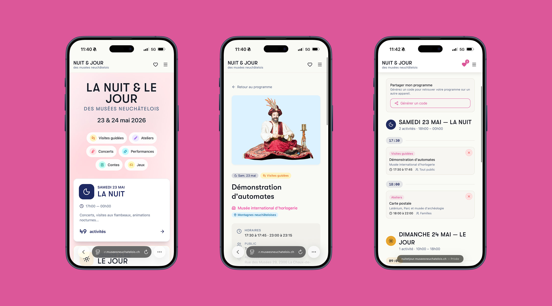 Écrans mobile de la plateforme nuit et jour des musées neuchâtelois