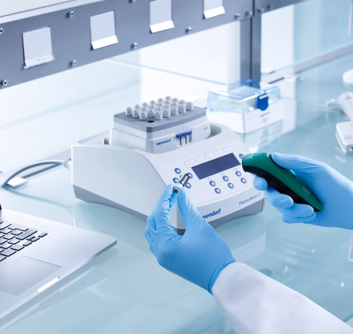 A scientist taping an iPad