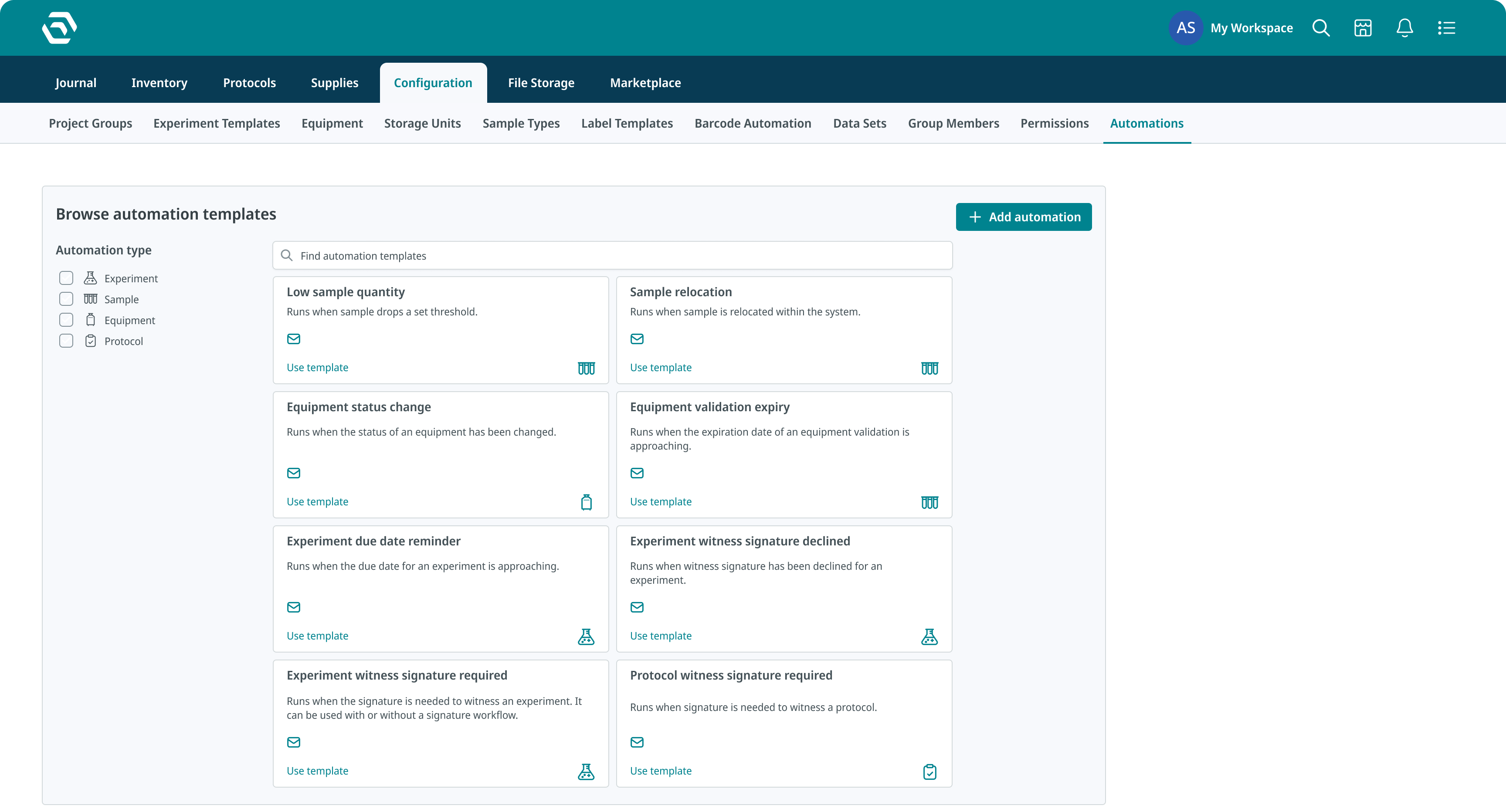 SciSure automation templates screen