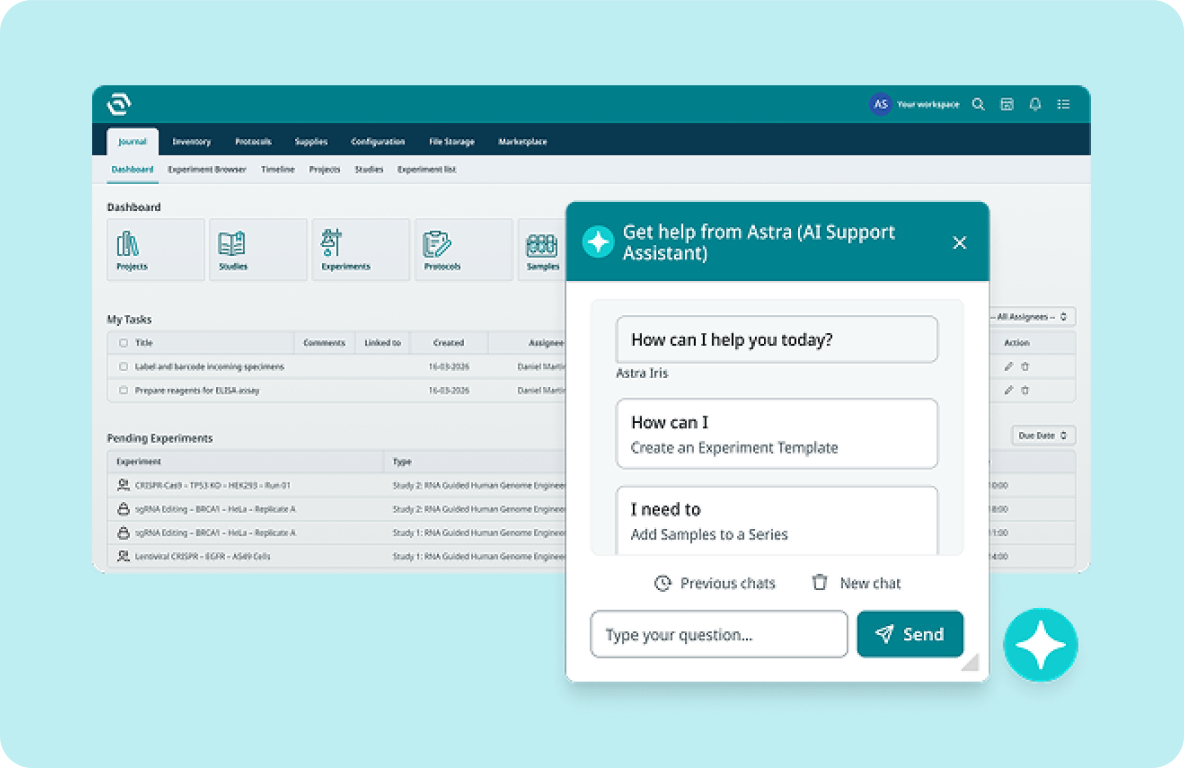 Astra, the SciSure AI support assistant, answering a question inside the SciSure dashboard