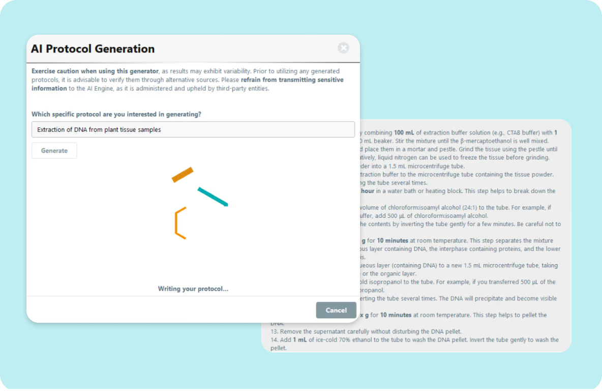 AI Protocol Generation dialog writing a protocol draft in SciSure