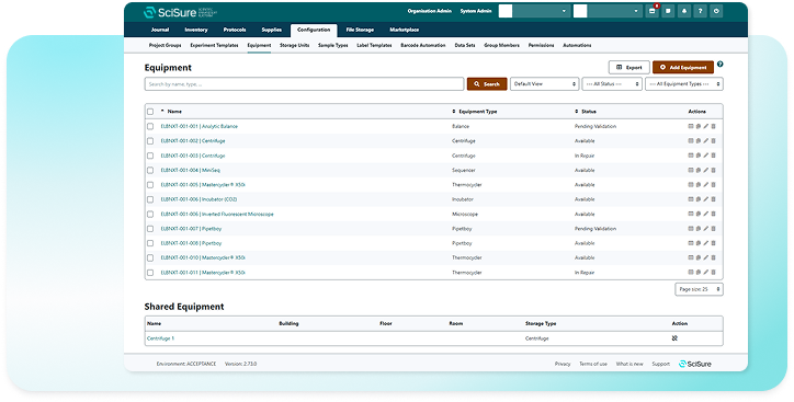 SciSure equipment overview dashboard