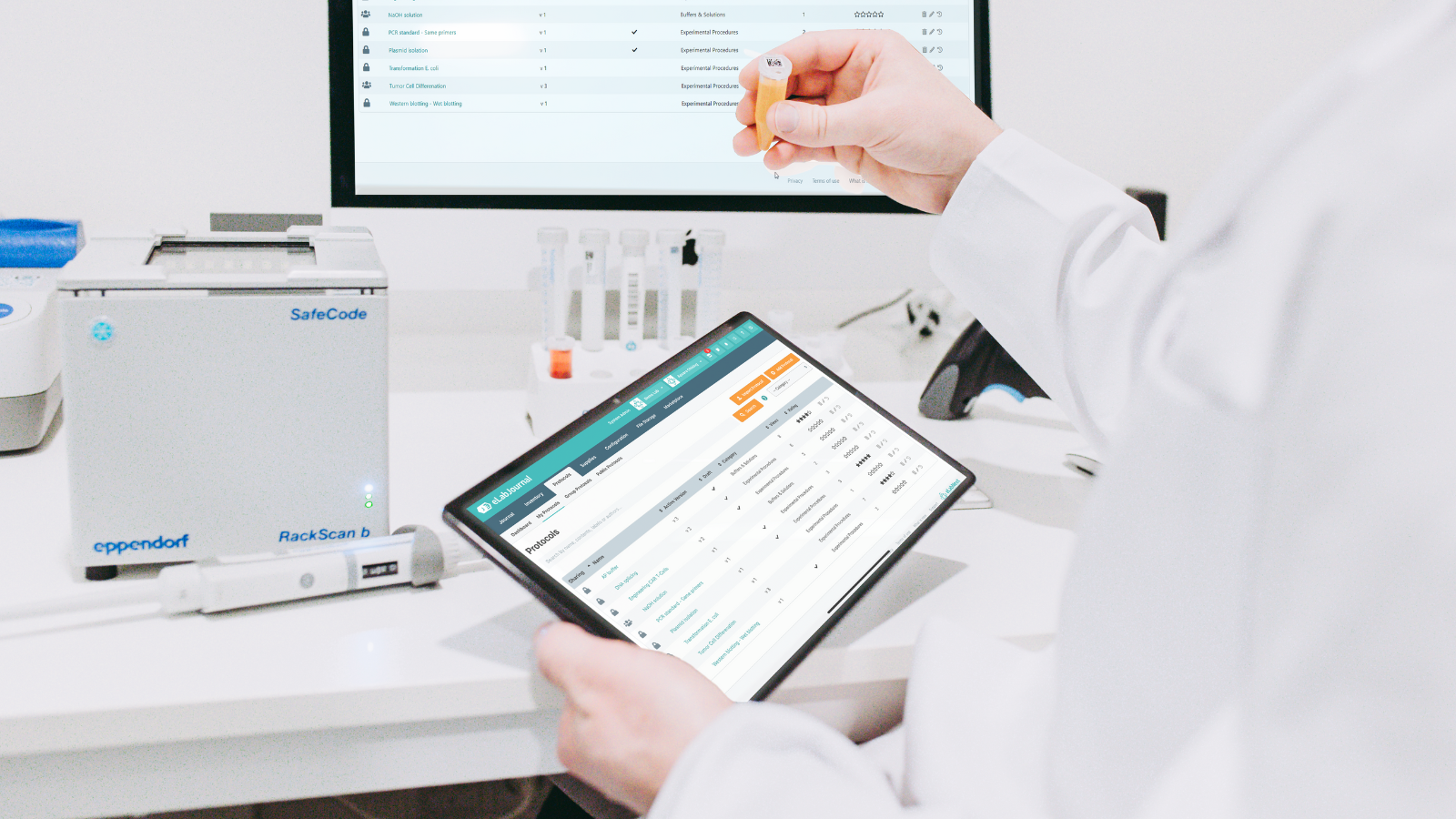 A scientist using the SciSure Electronic Lab Notebook (ELN)