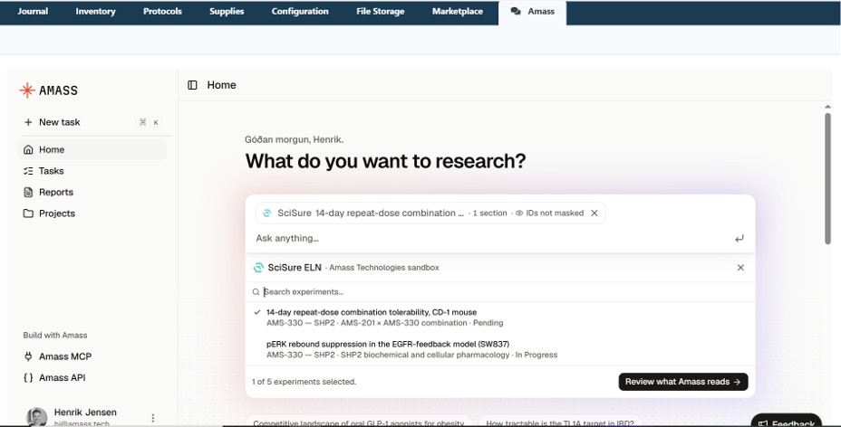 Search your SciSure experiments and select those relevant to your question. 