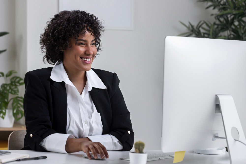 woman working on a desktop - AI Automation Companies 