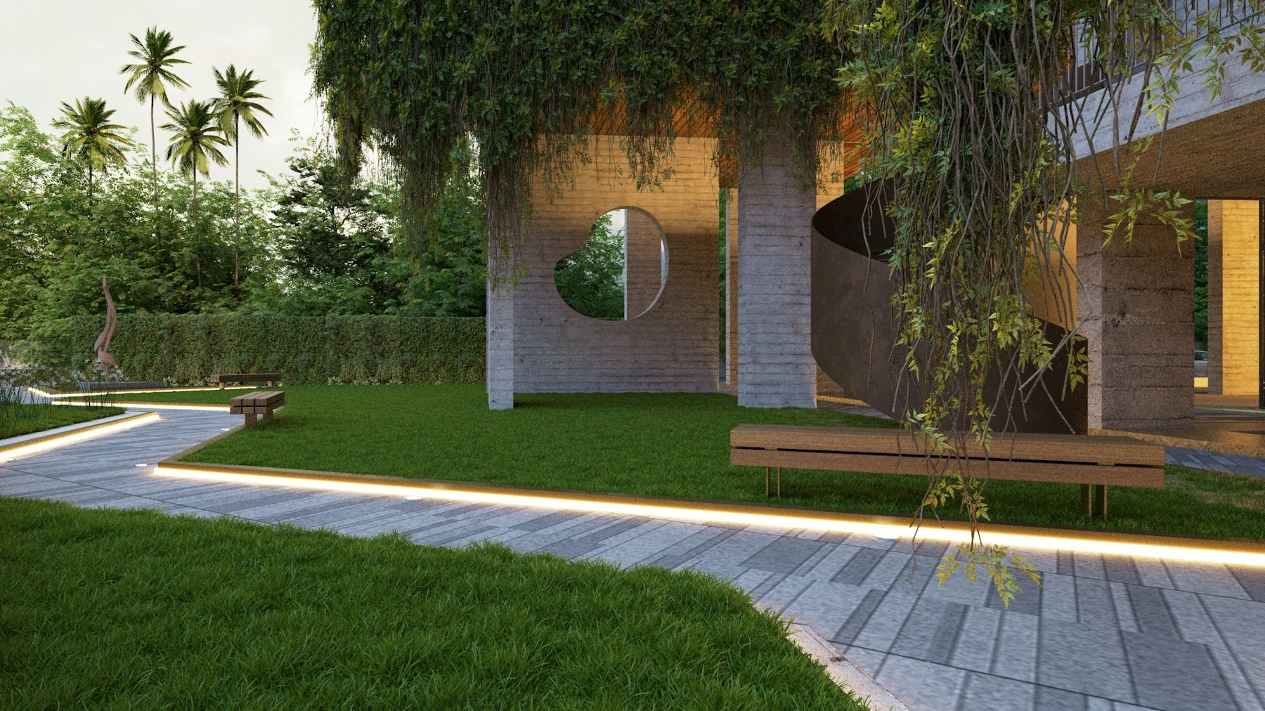 Illustrative modern pavilion garden with lush planting and illuminated pathways
