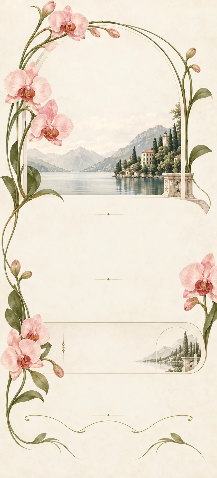 Softly painted pink orchids and olive leaves frame an ivory invitation, with a romantic Italian lakeside landscape and a delicate gold flourish.