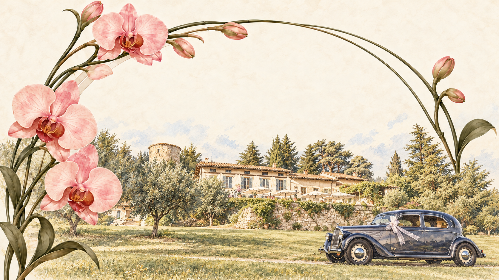 Illustrated wedding invitation featuring the Roppolo villa and a ribboned vintage car.