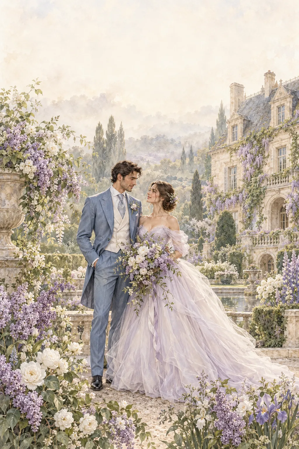 Illustration d’un couple en tenues lavande et bleu poudré dans un jardin fleuri devant un château.