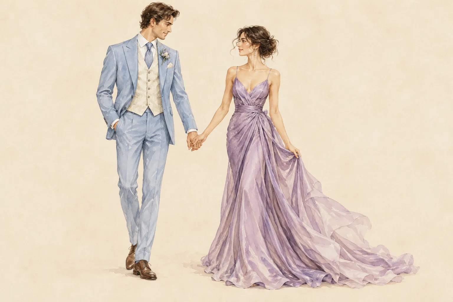 Idées de tenues : un costume bleu poudré et une robe longue lavande.