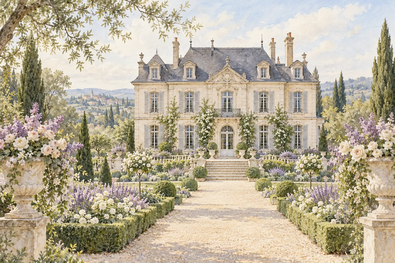 Illustration d’un château de pierre claire entouré de roses blanches et de lilas.