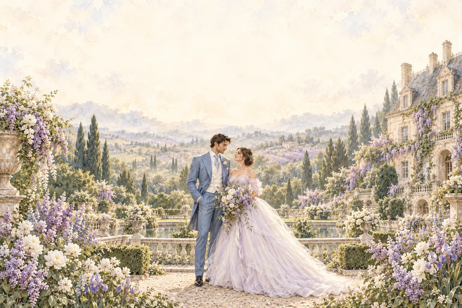 Illustration panoramique du couple dans un jardin de lilas devant un château.