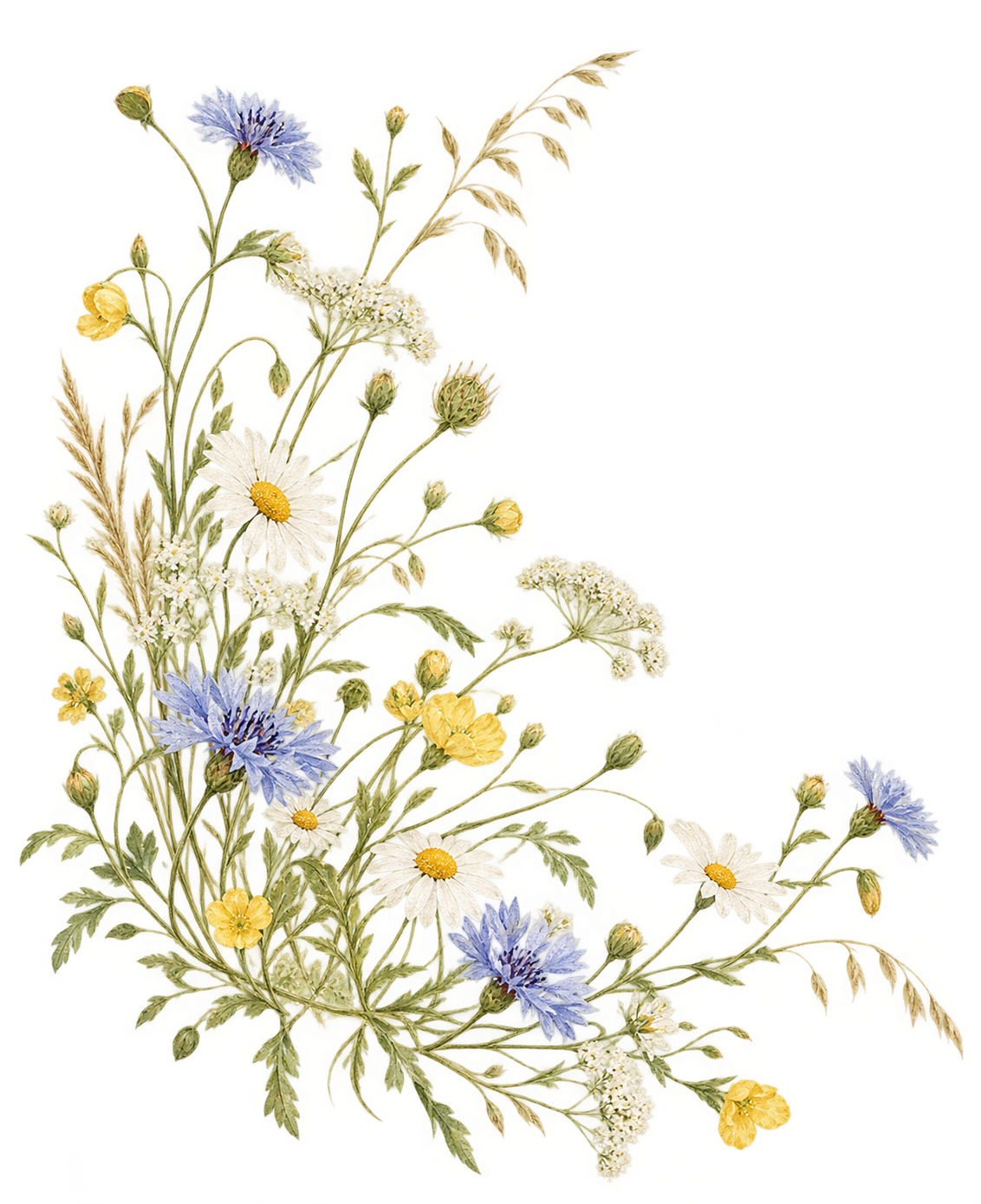 Original watercolor illustration of wild daisies, cornflowers, butter-yellow meadow blooms and grasses.
