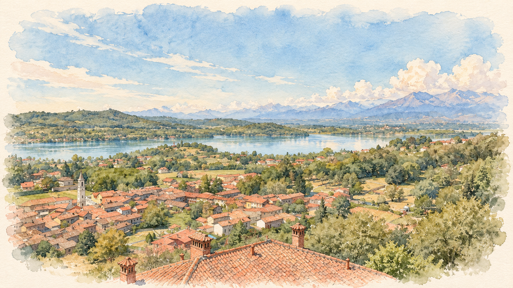 Watercolor illustration of Roppolo's lakeside rooftops and the distant Lake Viverone.