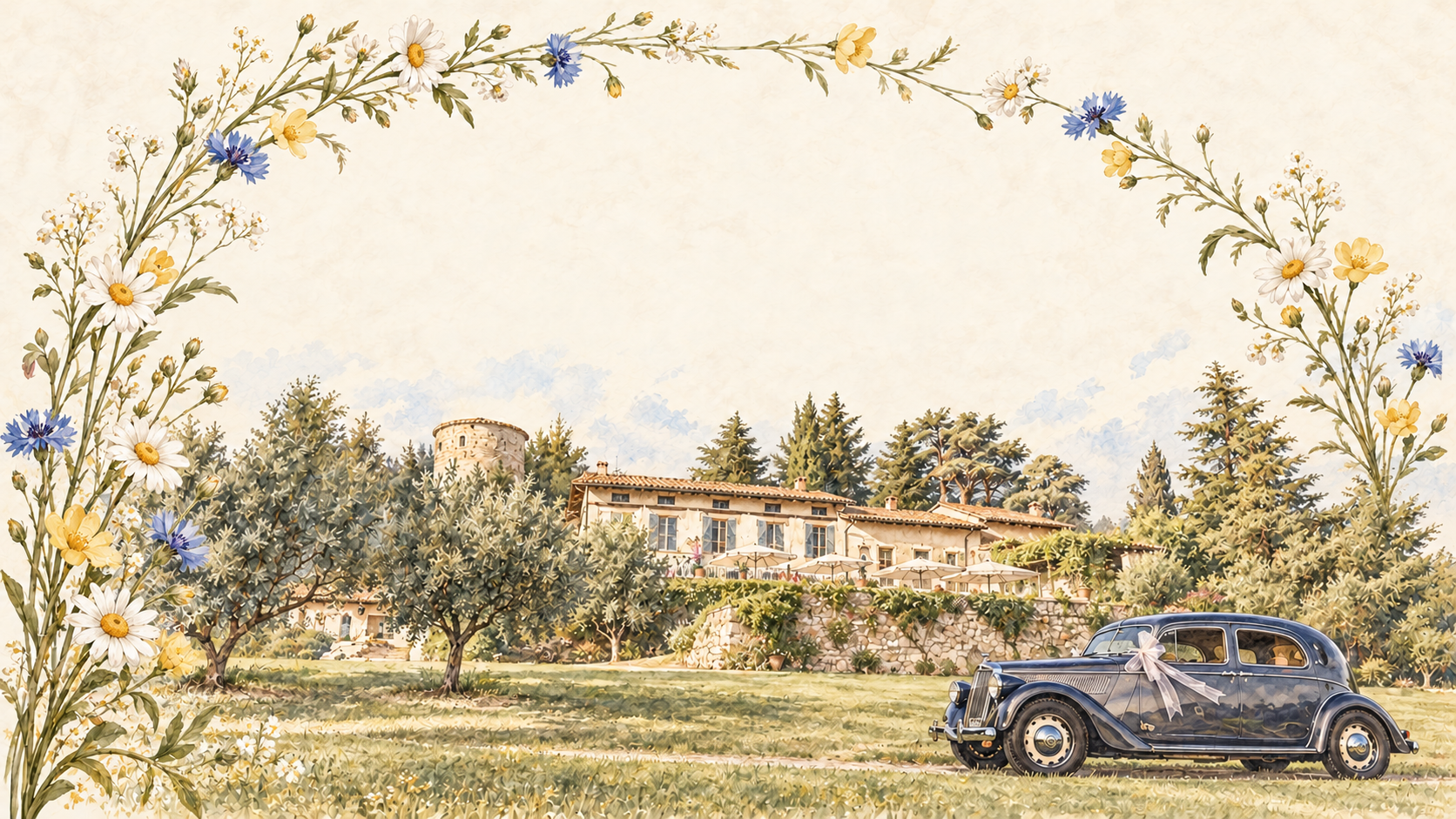 Dreamy watercolor illustration of the Italian countryside wedding venue and vintage car, framed with small white, blue and yellow wildflowers.