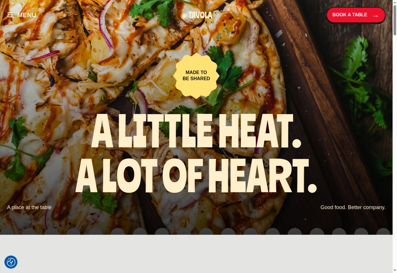 Tavola restaurant website screenshot with pizza photography and cream display typography