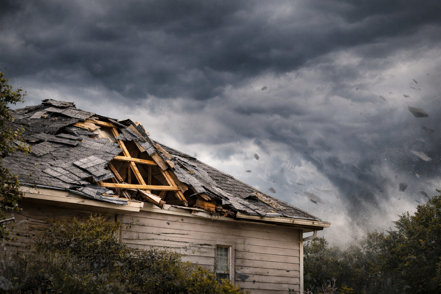 Damaged shingled roof after Hurricane Helene in upstate South Carolina, with tarped sections visible