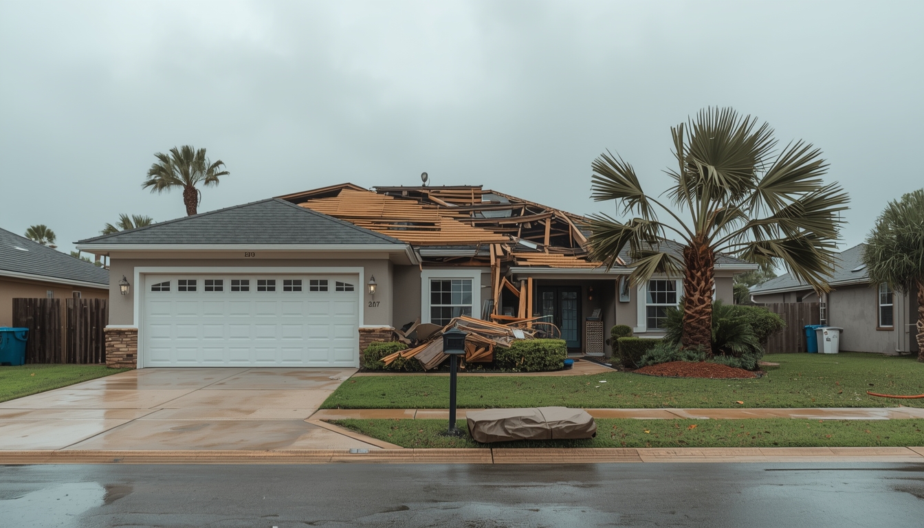 Aerial view of a coastal home with hurricane-damaged roof and storm debris scattered across the property