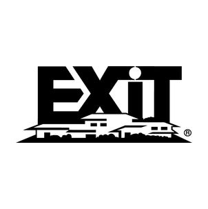 EXIT logo with stylized house roofs beneath the bold uppercase letters.