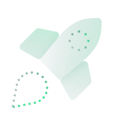 Green stylized rocket icon with dotted trail against a black background.