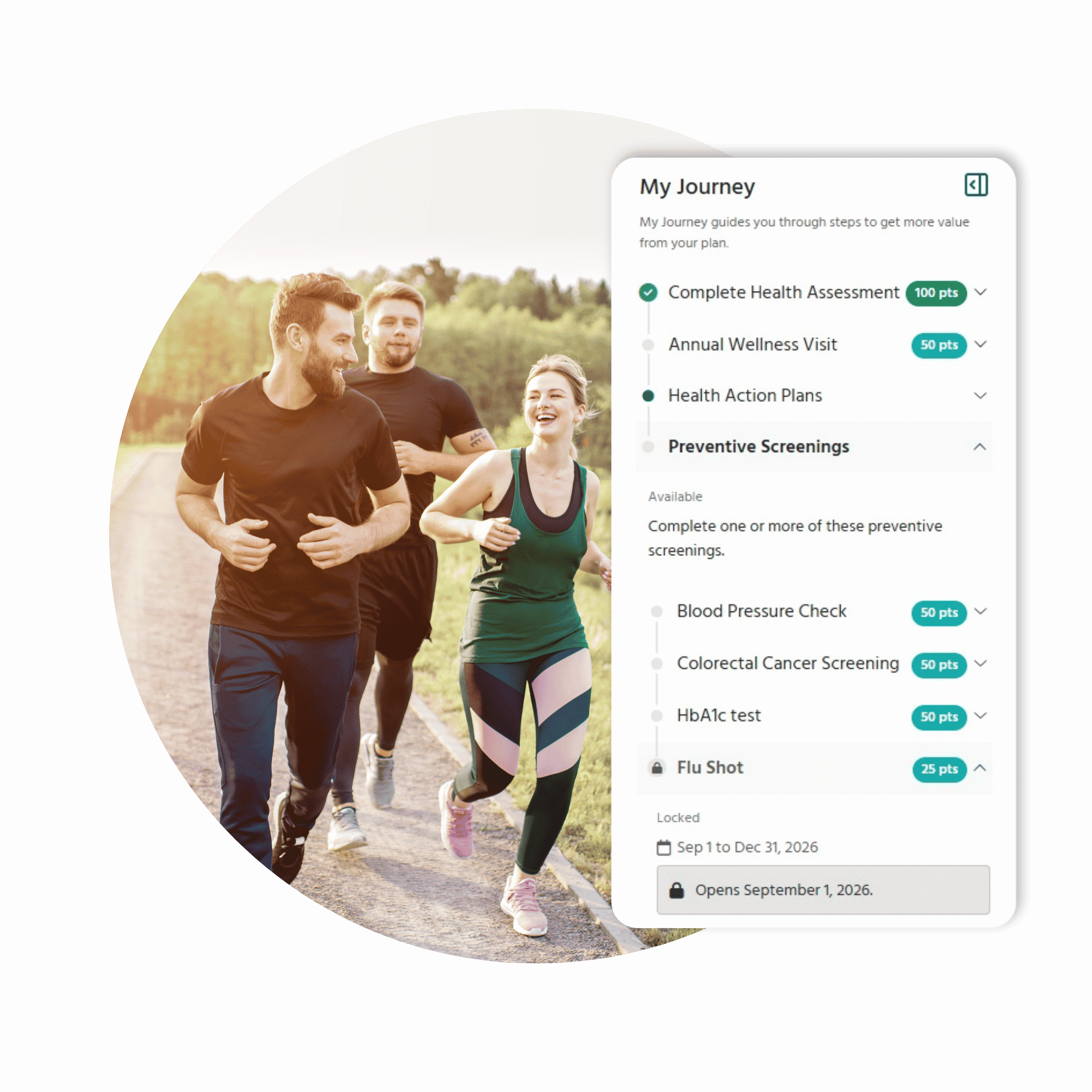Total Wellness dashboard showing six Action Plan cards: Financial wellness, Heart disease prevention, Weight management, Depression, Risky drinking, and Diabetes prevention.
