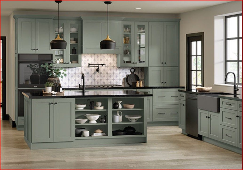 Kitchen with Trenton Fairy Green pre-finished cabinet doors