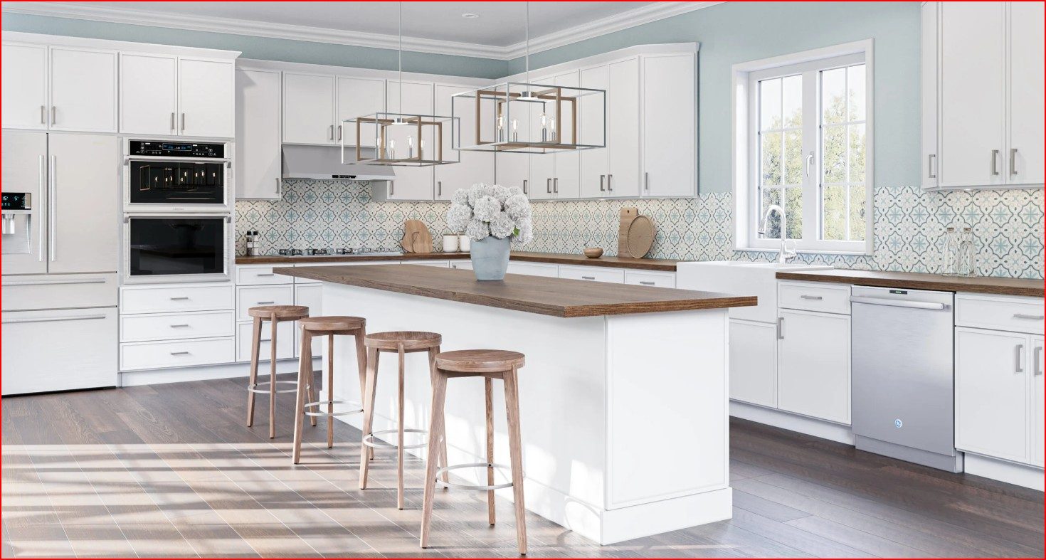 Kitchen with Slim Dove White pre-finished cabinet doors