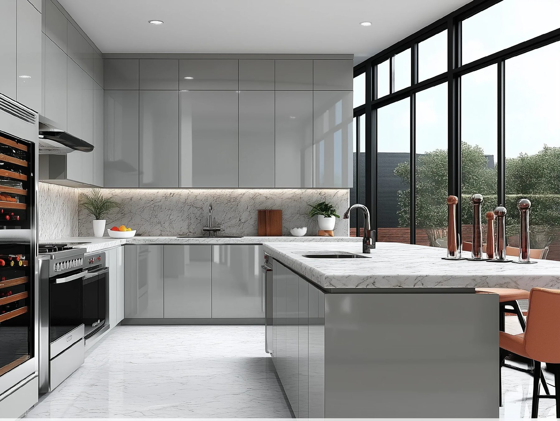 Kitchen with High Gloss Gray pre-finished cabinet doors