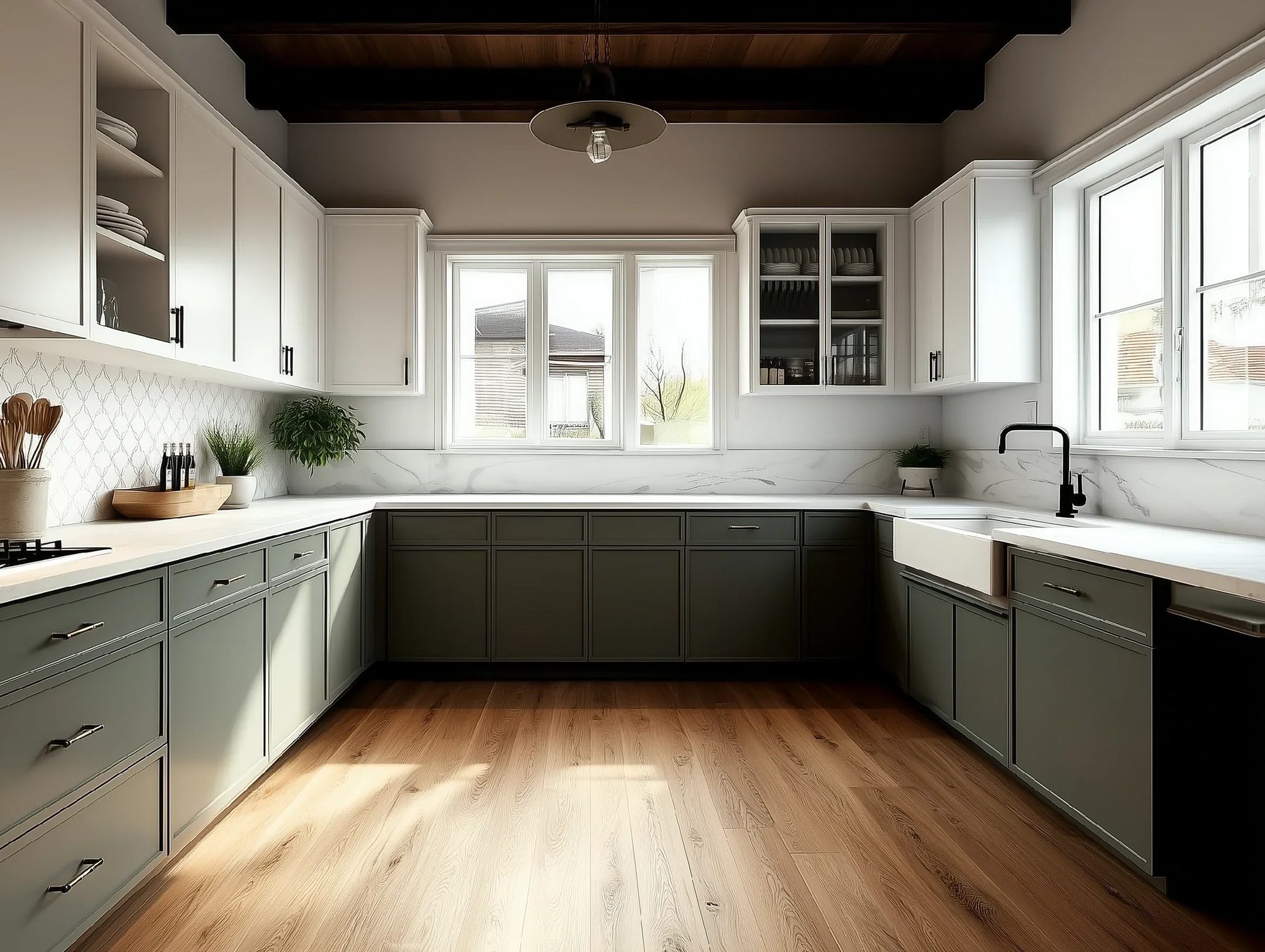 Kitchen with Slim Aston Green pre-finished cabinet doors