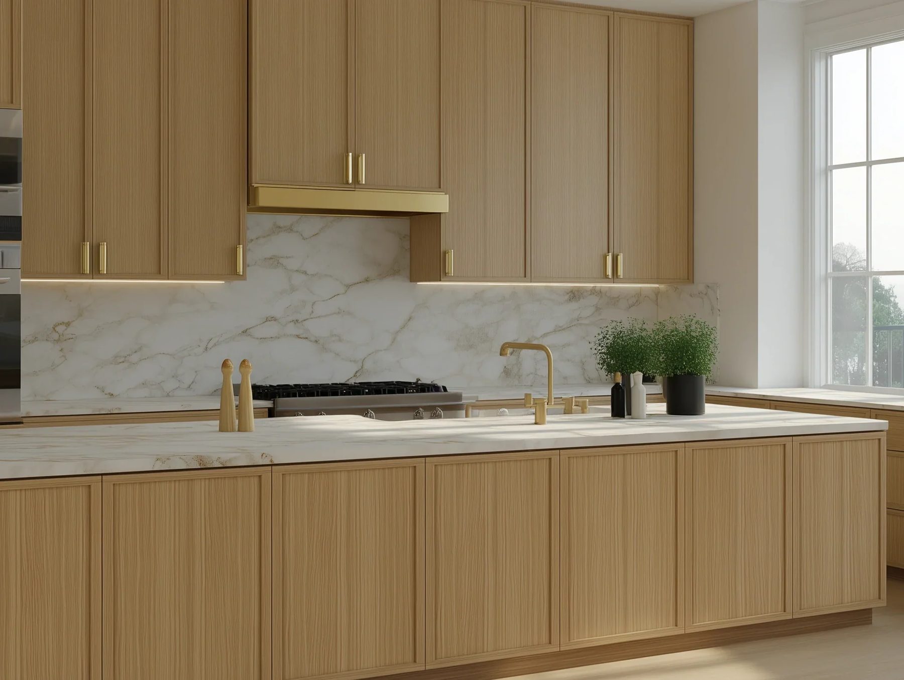 Kitchen with Slim White Oak pre-finished cabinet doors