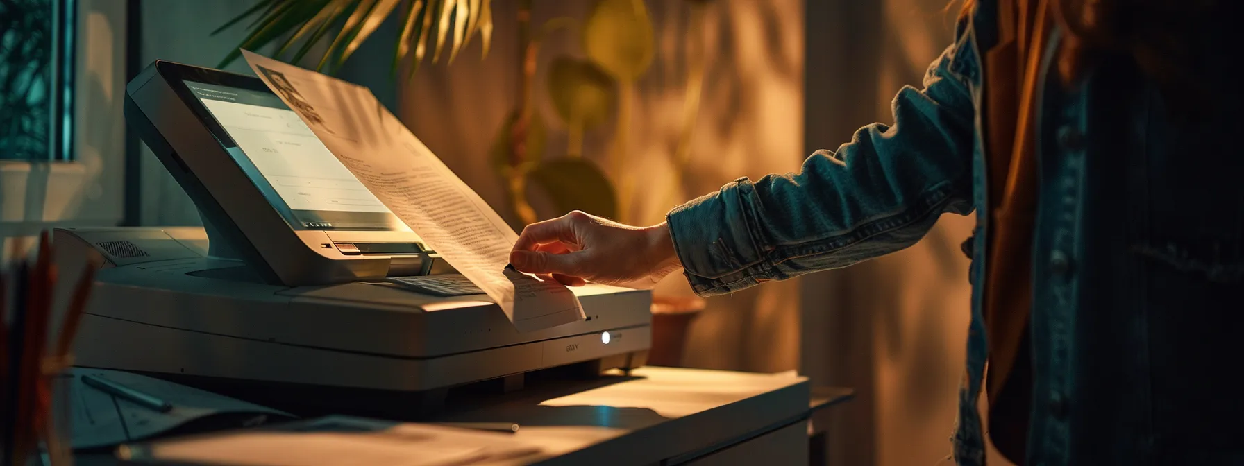 a person adjusting scanner settings on an hp multi-function printer.