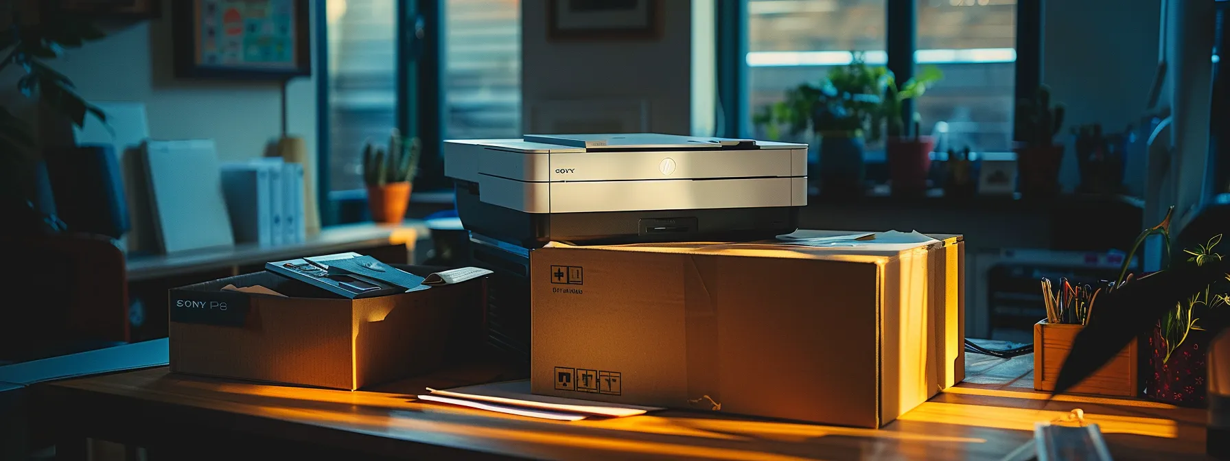 unboxing a new hp printer and preparing it for setup.