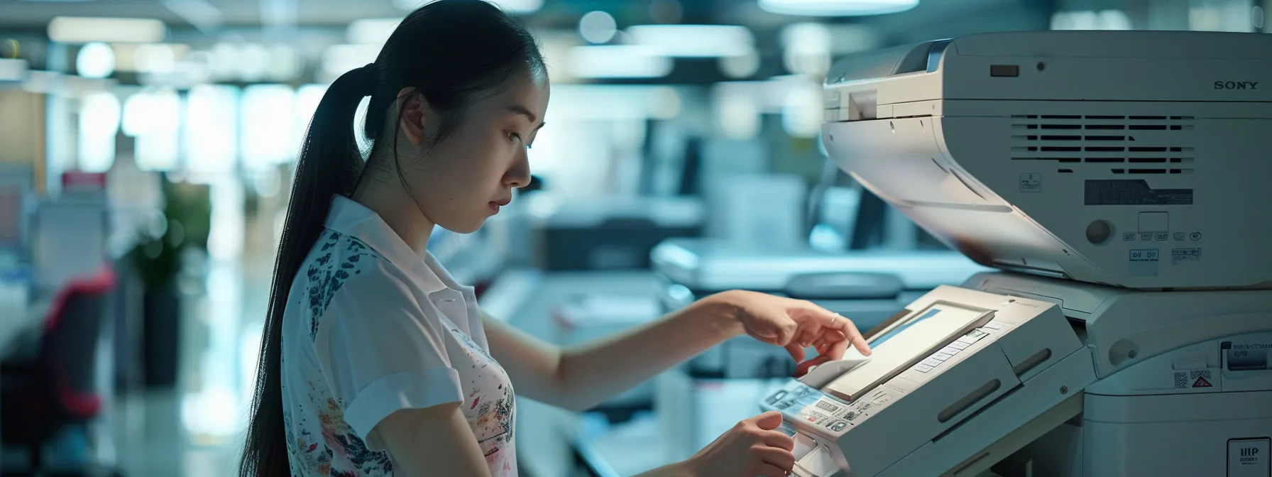 a person carefully checking the settings on an hp printer in a busy hong kong office.
