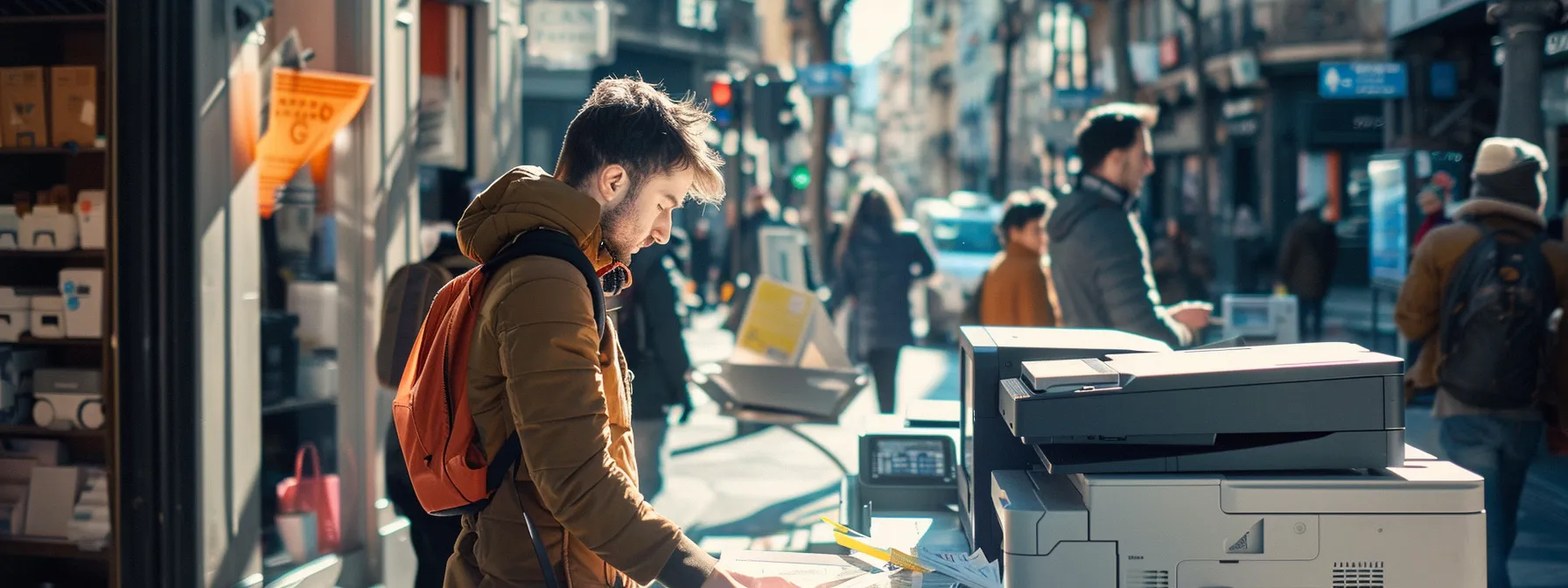 a person troubleshooting an hp printer issue in a bustling city setting.