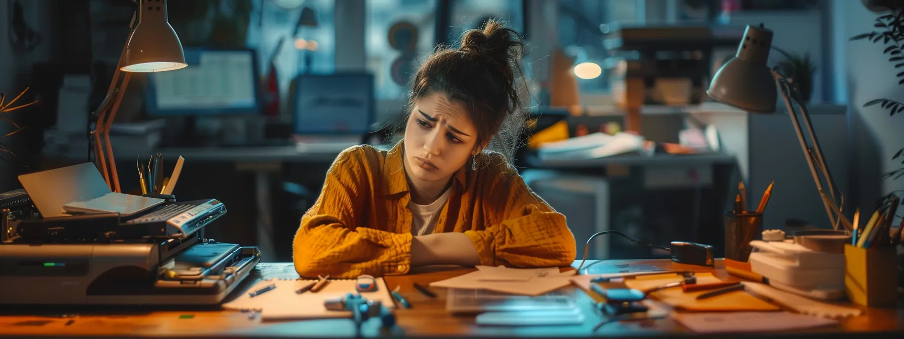 a person looking confused while staring at a printer with various tools scattered around them.