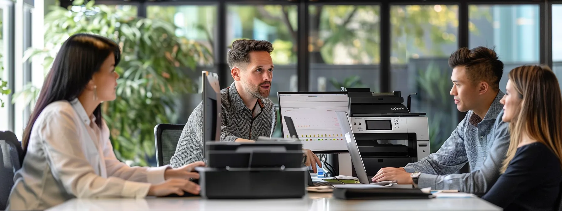 a group of business professionals receiving specialized technical support for their epson printers.