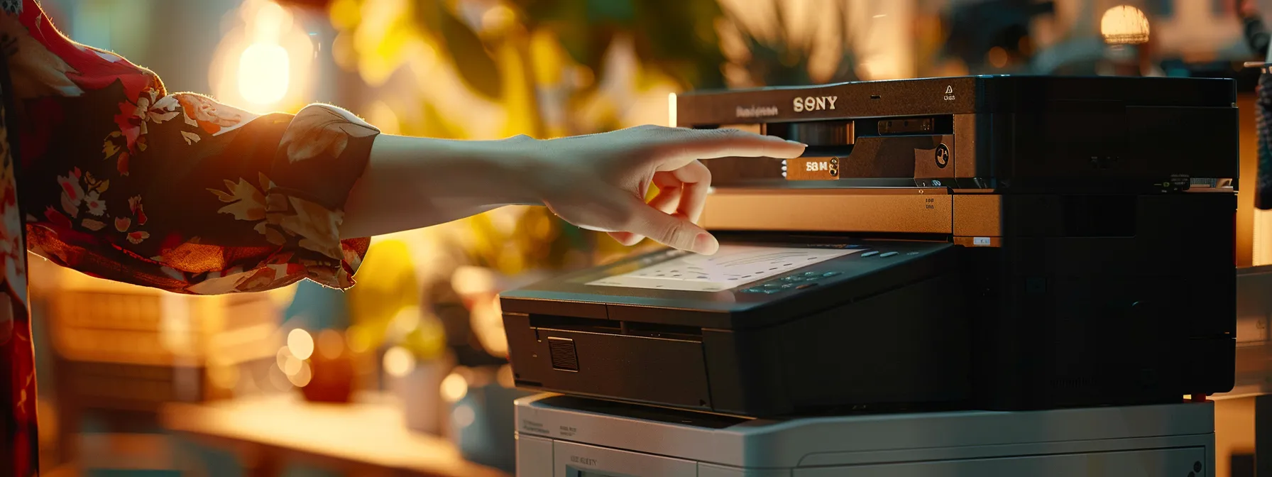 a person pointing to a printer, discussing maintenance and updates.